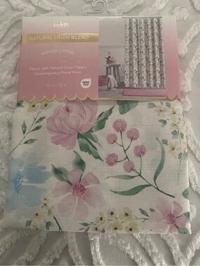 Natural Linen Blend Floral Shower Curtain - ColorDrift, Pink Floral.